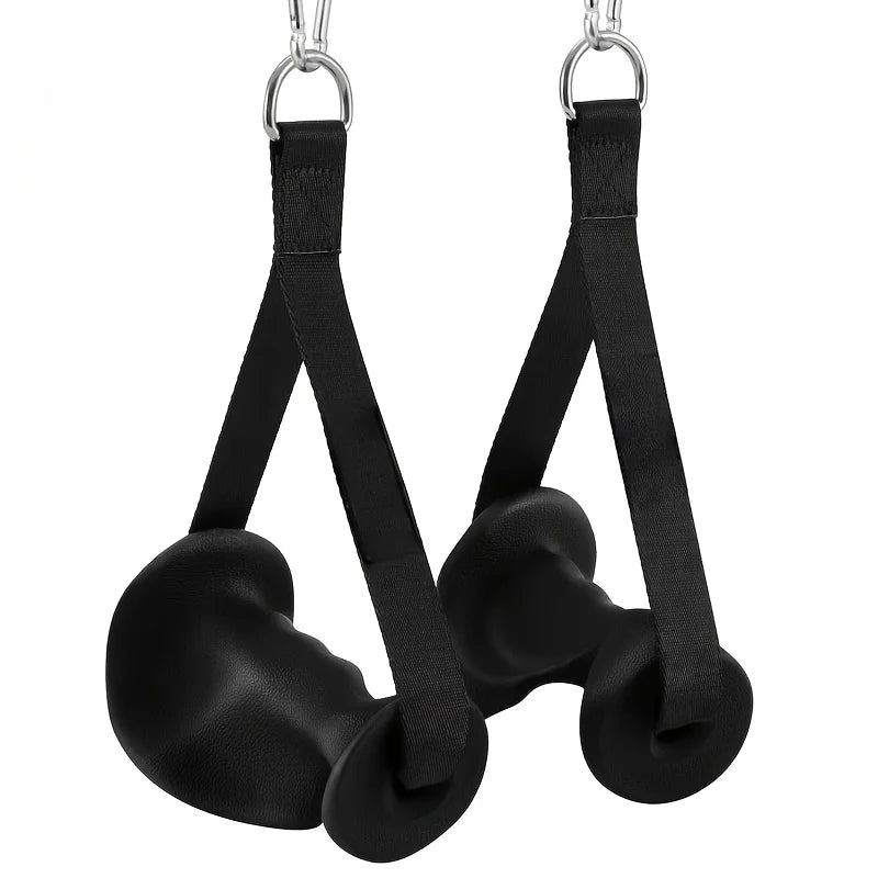 Black hanging ab straps with padded grips and metal hooks for core workout support
