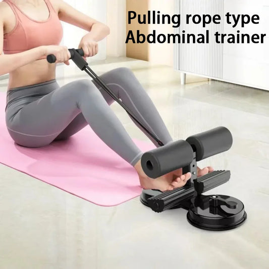 Woman using a pulling rope abdominal trainer on a yoga mat for core and fitness exercise