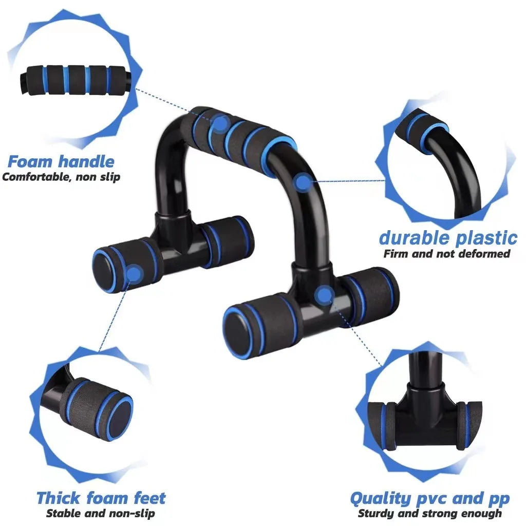 Push up bars with foam handles, non-slip feet, and durable plastic construction for home workouts.