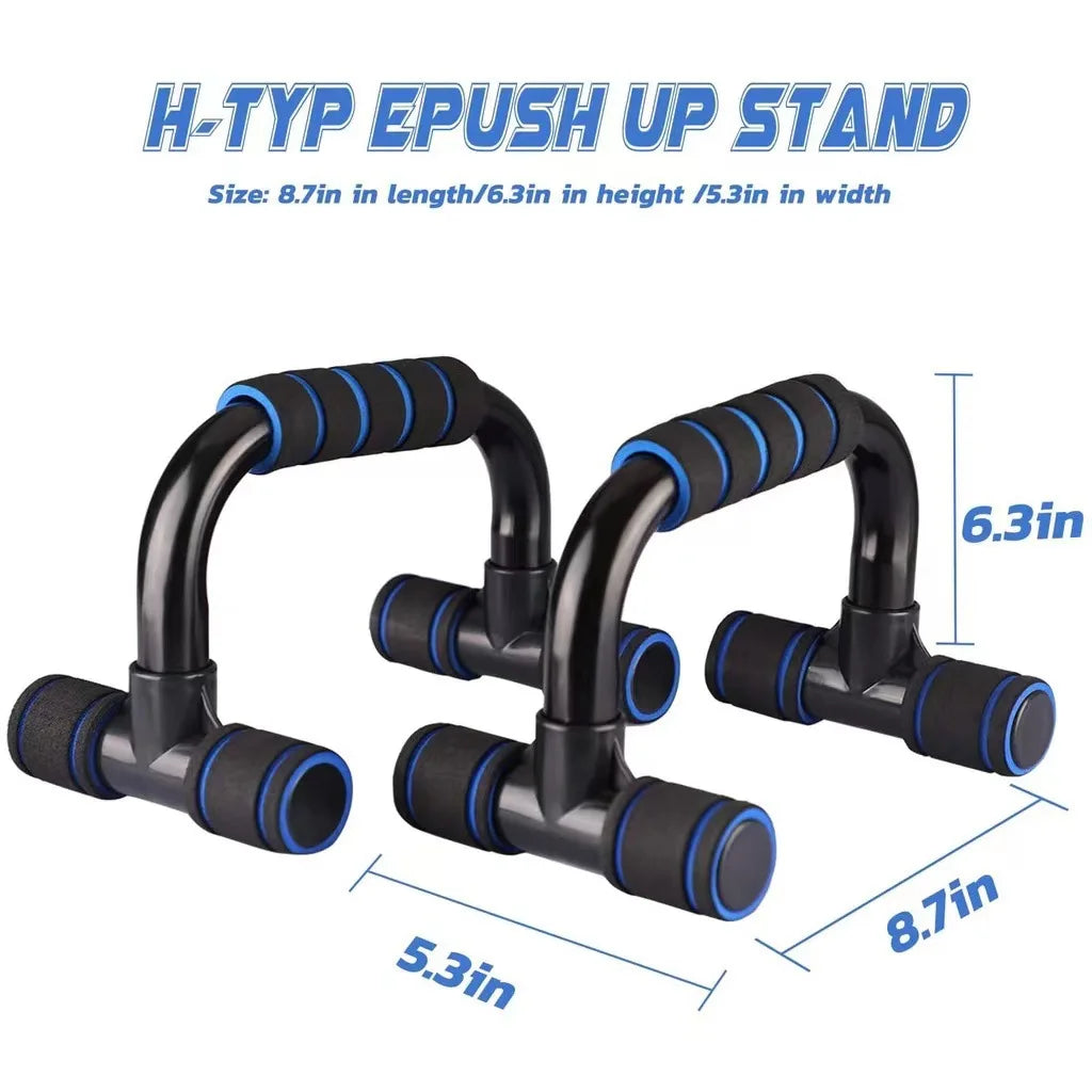 Pair of H-type push up stands with foam grips, black and blue, featuring size dimensions for fitness workouts.