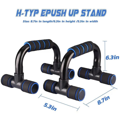 Pair of H-type push up stands with foam grips, black and blue, featuring size dimensions for fitness workouts.