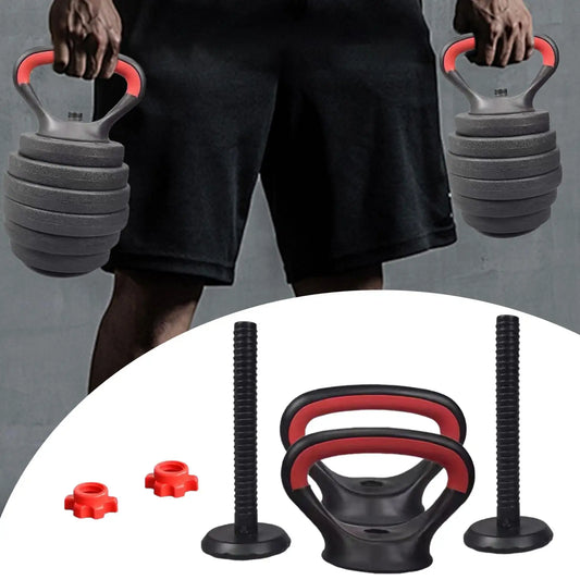 Adjustable kettlebell set with red and black handles for strength training workouts