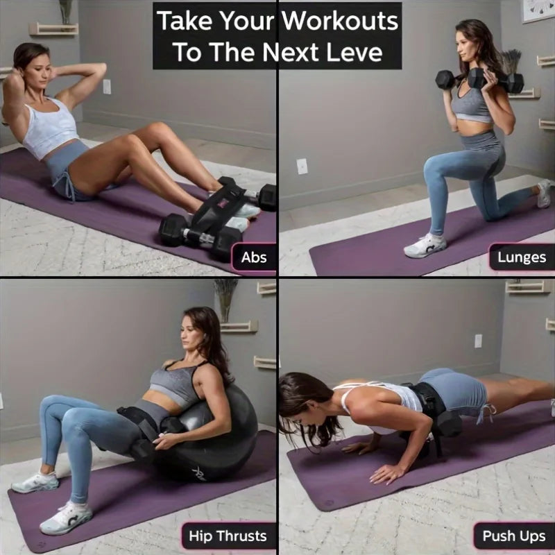 Woman demonstrating abs, lunges, hip thrusts, and push ups on a yoga mat with home fitness equipment.