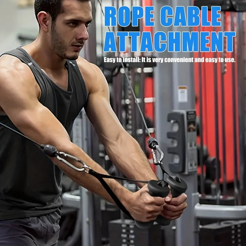 Man using rope cable attachment for strength training at gym fitness machine